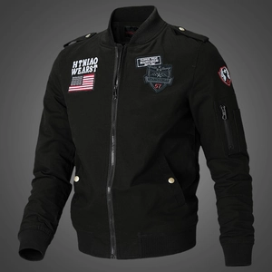 Men's black bomber jacket featuring tactical embroidery and classic flight pocket