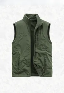 Detail of army green fleece vest showing zip pockets and insulating grey lining