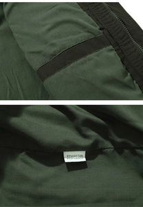 Detail of army jacket lining made of 95% cotton and 5% spandex with reinforced stitching