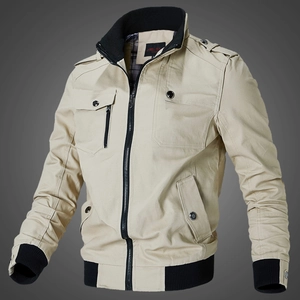 Men's khaki cotton military tactical jacket with stand collar and ribbed cuffs design