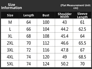 Detailed size chart for men's baseball jacket with measurements from size M to 5XL