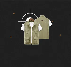 Détail d'un gilet utilitaire fonctionnel à plusieurs poches en vert olive pour homme