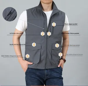 Detail view of multi-pocket fishing vest showing functional chest zipper and velcro closures