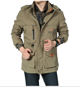 Men's khaki green outdoor jacket with multi-pockets and adjustable drawstring waist