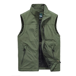 Men's dark green fleece lined outdoor vest with windproof stand collar and zip pockets