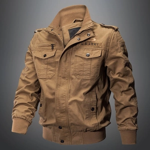 Detail of military tactical pilot jacket with U.S. ARMY embroidery and ribbed collar