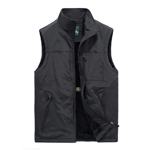 Men's winter fleece-lined outdoor vest with stand collar and zipper pockets in black