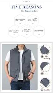 Detail of dark grey outdoor fishing vest showing multi-pockets and anti-wrinkle fabric