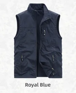 Detail of royal blue outdoor fleece vest showing立领 and waterproof fabric texture