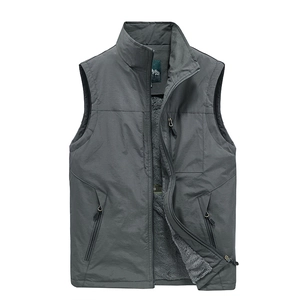 Men's outdoor fleece-lined winter vest with stand collar and zipper pockets in dark grey