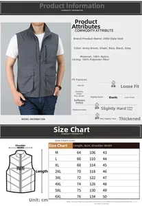 Detailed size chart for men's multi-pocket fishing vest with fabric and measurement specs