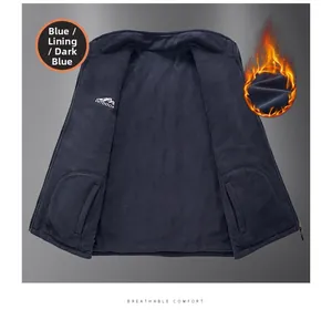 Detail of windproof outdoor vest showing thick fleece lining and outdoor logo