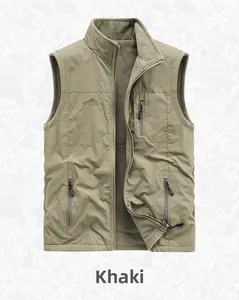 Detail of khaki fleece vest showing windproof shell with warm polar fleece lining