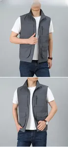 Detailed close-up of multi-pocket fishing vest with functional zippers and high collar