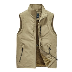 Men's outdoor fleece-lined vest in khaki with stand collar and zipper pockets for winter