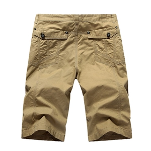 Mens khaki cotton cargo shorts with functional back pockets and a relaxed outdoor fit