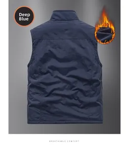 Men's blue reversible fleece vest back view with thermal heat retention details