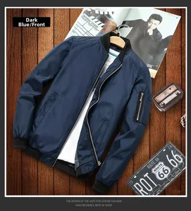 Detailed flat lay of a navy blue men's bomber jacket with sleeve pocket on wood floor
