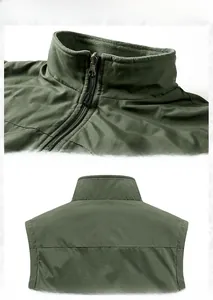 Detail view of military green fleece vest collar featuring warm lining and durable zipper