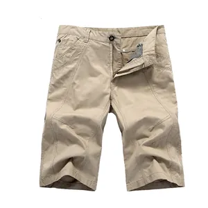 Men's khaki cotton cargo shorts with side pockets and plaid lining on a white background