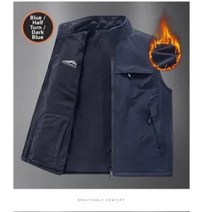 Close-up of windproof fleece-lined vest featuring standing collar and outdoor logo