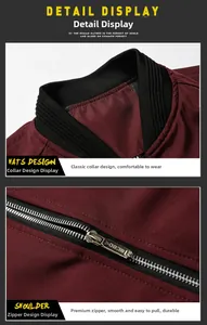 Macro view of wine red jacket featuring a black ribbed collar and silver metal zipper