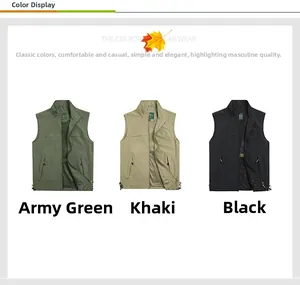 Trois gilets d'extérieur pour hommes en vert, kaki et noir avec poches zippées et doublure filet