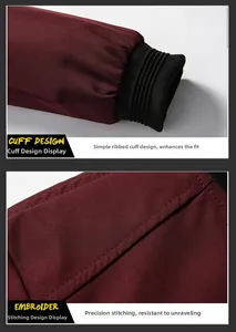 Detail of burgundy baseball jacket featuring rib-knit cuffs and premium double-stitched seams