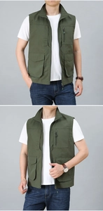 Detail shot of men's military green outdoor vest featuring multiple utility pockets