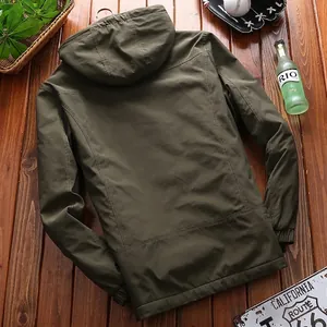 Army green men's hooded jacket with fleece lining for winter outdoors, back view display