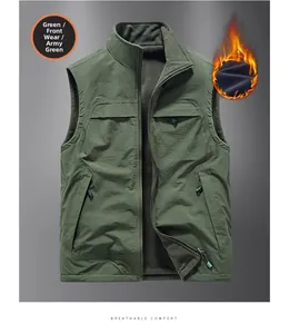 Detail showing army green windproof fabric and warm gray fleece lining of the outdoor vest