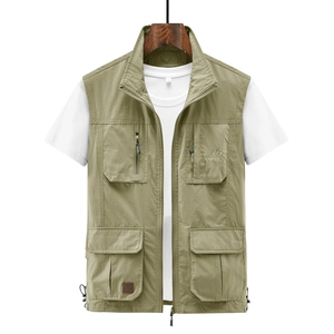 Gilet de pêche extérieur kaki pour homme avec plusieurs poches et col montant zippé
