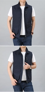 Detailed view of navy blue multi-pocket work vest with functional zippers and stand collar