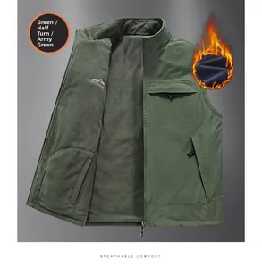 Detail of army green outdoor fleece vest featuring a stand collar and breathable inner lining