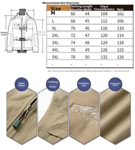 Detailed size chart for men's outdoor fishing vest with multi-pocket design and measurements