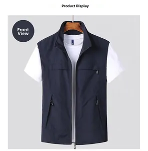 Detailed front view of navy blue multi-pocket workwear vest with zipper closure