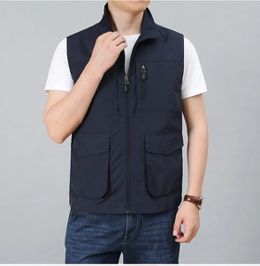 Front view of navy blue utility vest with stand collar and functional multi-pockets design