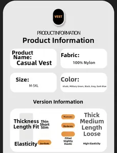 Detailed size chart and specifications for men's multi-pocket outdoor fishing vest