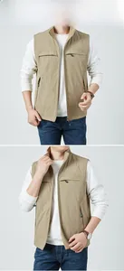 Front view of khaki outdoor functional fishing vest with multi-pocket design and zip-up collar