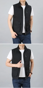 Detail of men's outdoor utility vest featuring multi-pocket design and standing collar