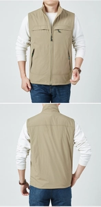 Front and back detail of a khaki multi-pocket outdoor vest with zipper and stand collar