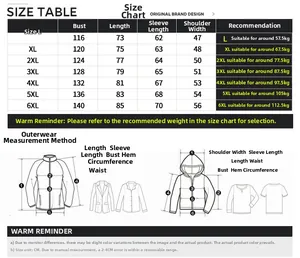 Detailed size chart for men's winter jacket ranging from L to 6XL with measurements