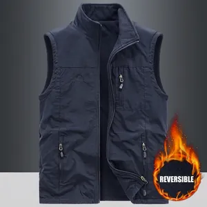 Men Outdoor Fleece Vest Windproof Warm Stand Collar Waistcoat With Multi Pockets Reversible Sleeveless Jacket For Casual Daily Wear