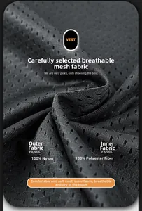 Detail of breathable nylon mesh fabric and polyester lining on men's utility vest