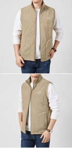 Detailed view of men's outdoor khaki fleece vest featuring stand collar and zipper pockets