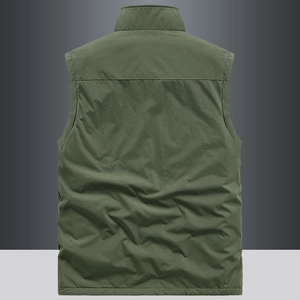 Army green men's fleece vest with high collar and windproof warm fabric back view