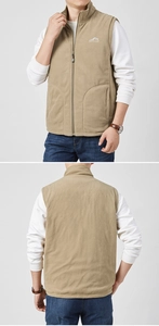 Detailed front and back views of a khaki fleece vest featuring outdoor chest embroidery