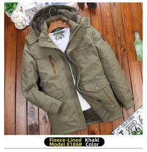 Close-up of khaki winter jacket with fleece lining and rough stock chest embroidery detail