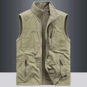 Men's khaki fleece-lined outdoor vest with standing collar and three zipper pockets