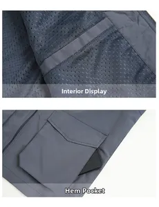 Detail showing the breathable mesh lining and spacious flap pocket of the blue fishing vest